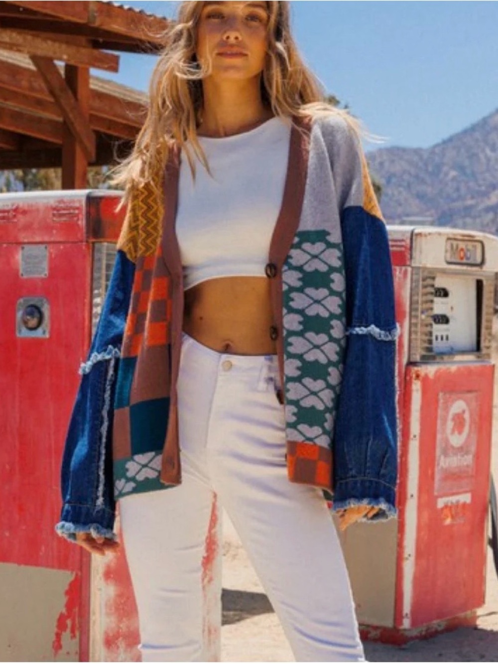 Ces Femme Multicolor Patchwork Cardigan with Denim Sleeves